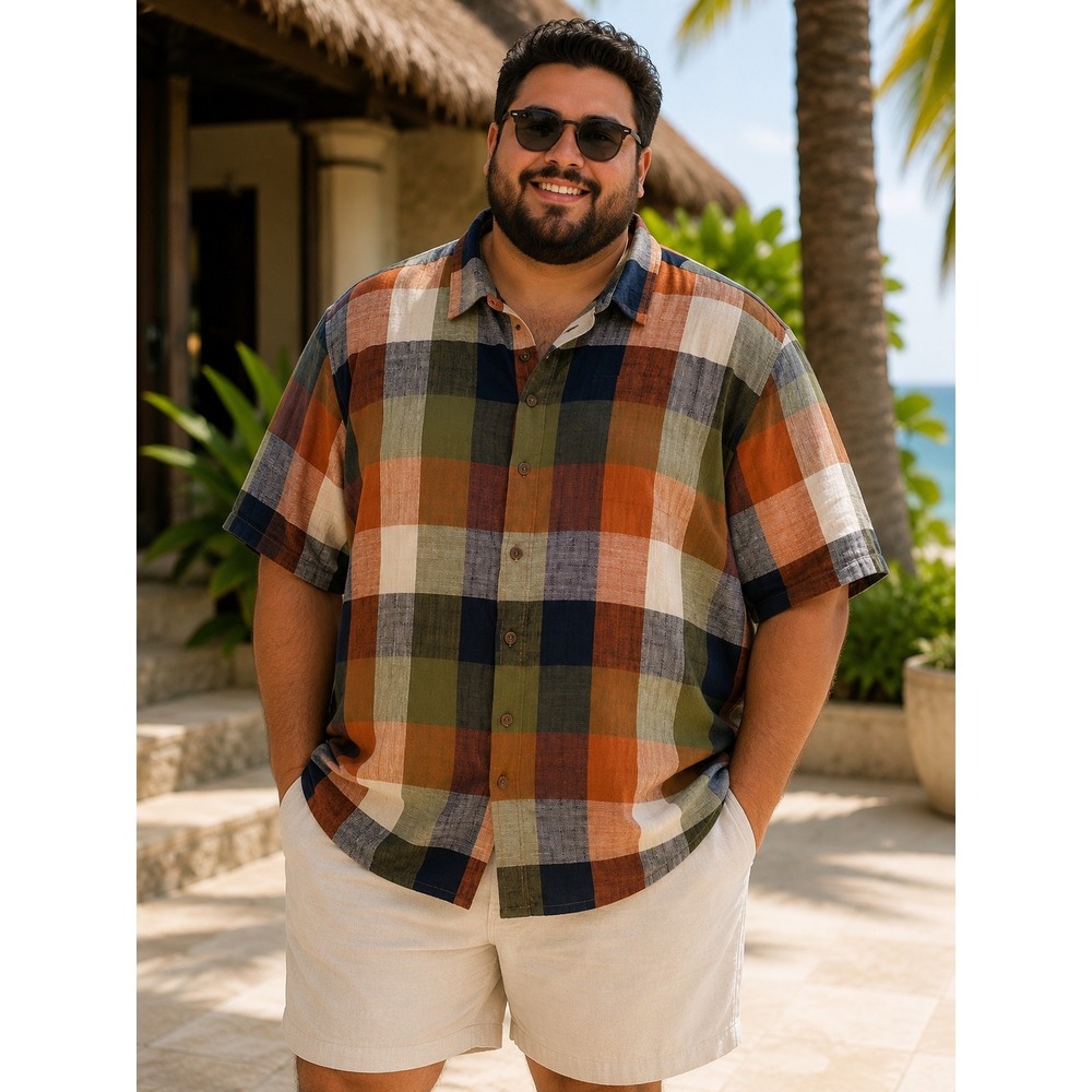 Trust Mens 3X Linen Blend Plaid Button Down Shirt Short Sleeve Multi Color Check